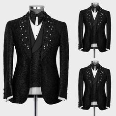 Wiaofellas Sparkling Black Men Suit 2 Pieces Business Blazer Pants One Button Sequins Pearls Wedding Groom Work Wear Party Causal Tailored Black Men Suits, Suit Fashion Men's, Mens Black Vest, Harajuku Jacket, Mens Vest Casual, Wedding Pants, Pearls Wedding, Trendy Mens Fashion, Business Formal Dress