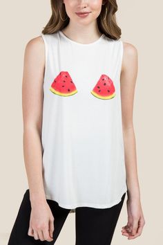 Watermelon Slice Graphic Tee Fun White Spring Tank Top, White Fun Tank Top For Spring, Fun White Tank Top For Spring, Fun Sleeveless Tops For Day Out, Textured Tank Top, Hot Pink Tank, Watermelon Slice, Yellow Tank Top