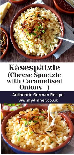 two bowls filled with different types of food and the words kassepatue cheese spaghetti