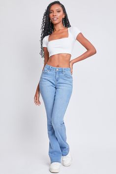 Give your old jeans the boot and scoot into our Women’s Mid-Rise Bootcut Jeans. Constructed with midweight stretchy denim, this stylish mid-waisted jean is fitted from the hip through the thigh and flares out slightly from knee to hem for a dreamy bootcut silhouette. Detailed with a classic five-pocket construction, a zip fly with button closure, and the cutest flap back pockets with snap buttons. Style with your favorite fitted top and sassiest boots for a look that’ll make a statement. Product Trendy Medium Wash Standard Cut Leg Flare Jeans, Trendy Medium Wash Flare Jeans, Trendy Medium Wash Standard Cut Flare Jeans, Trendy Fitted Flare Jeans With Straight Leg, Fitted Flare Jeans In Denim Blue, Fitted Denim Blue Flare Jeans, Fitted Flare Denim Jeans, Mid-rise Stretch Denim Flare Jeans, Stretch Mid-rise Flare Denim Jeans