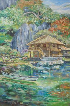 an oil painting of a boat in the water near a hut with steps leading up to it