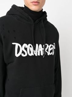 Dsquared2 logo-print distressed-effect Hoodie - Farfetch Cotton Logo, Logo Print, Black Hoodie, Pocket Pouch, White Cotton, Fashion Branding, ? Logo, Long Sleeve, How To Wear