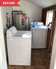 a washer and dryer sitting in a room next to each other on top of a hard wood floor