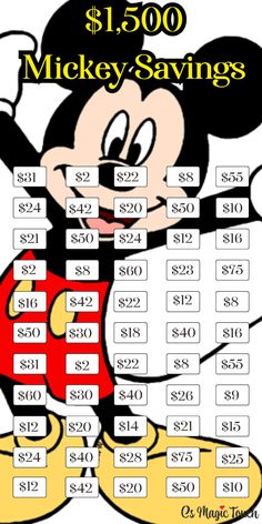 a mickey mouse savings sheet with $ 1, 500 and $ 2, 500 dollars