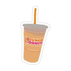 a dunkin donuts drink sticker on a white background with an orange straw sticking out of it