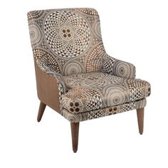 a brown and white patterned chair on a white background with an abstract design in the back