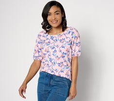 Blossom into a social butterfly this spring when you're wearing this sweet, floral-printed top. It's time to shed those bulky layers and show a bit of skin with the square neckline and elbow-length sleeves. From Denim & Co.® Fashions. Spring Square Neck Printed Tops, Peach Sorbet, Social Butterfly, Cap Sleeve Top, Sweet Floral, Floral Print Tops, Elbow Length Sleeve, Floral Printed, Square Neckline