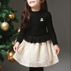 Bear Pattern Lace stitched Dress for Toddler Girl - PrettyKid Cute Black Long Sleeve Dress, Baby Winter Clothes, Dress For Toddler Girl, Bear Dress, Cheap Baby Clothes, Cool Baby Clothes, Winter Baby Clothes, Trendy Baby Clothes, Bodysuit Dress