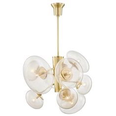 a brass chandelier with five clear glass balls hanging from the bottom and one light fixture on each side