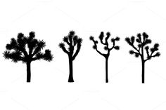 the silhouettes of three different types of trees in black and white, against a white background