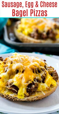 sausage, egg and cheese bagel pizzas on a plate with text overlay