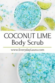 two bowls filled with coconut lime body scrub on top of a white table next to limes