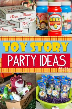 toy story party ideas including toys, food and games for kids to play with in the house