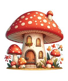 an illustration of a mushroom house in the grass