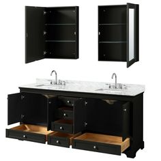 a double sink vanity with two mirrors above it