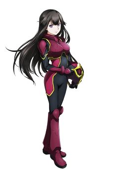 an anime character with long black hair and purple outfit, standing in front of a white background