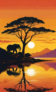 an elephant is standing in the water near a tree at sunset with mountains in the background