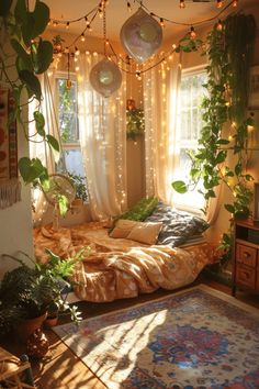 a bedroom with plants and lights hanging from the ceiling over the bed, along with a rug on the floor