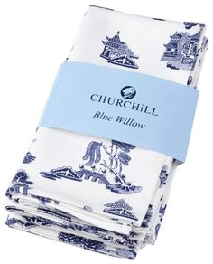 three folded blue and white napkins with the words, church hill written on them