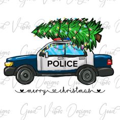 a police car with a christmas tree on the roof and lettering that reads police merry christmas