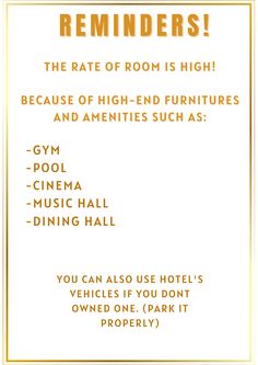 a poster with the words reminders in gold and black on it, along with an image of a hotel