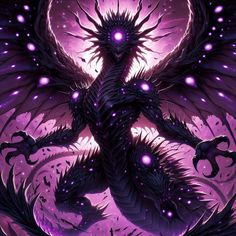 an illustration of a demonic creature with glowing eyes and purple hair, standing in front of a