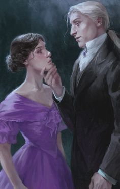 a painting of a woman in a purple dress and a man in a tuxedo