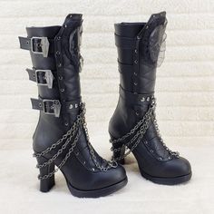 Crypto 67 Coffin Skull & Chain Black Mid Calf Platform Heel Gothic Boots NY | Totally Wicked Footwear Gothic Boots Women, High Platform Shoes, Demonia Boots, Gothic Boots, Skull Patch, Demonia Shoes, Gothic Shoes, Swivel Hook, Black Platform Boots