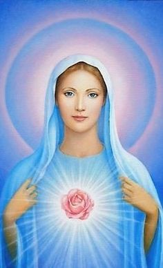 the immaculate mary holding a rose in her right hand, with blue background and light shining through