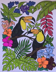 a drawing of two toucans on a branch surrounded by tropical flowers and leaves