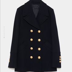 Only Worn Once. In Great Condition. Price Is Firm Luxury Navy Peacoat For Fall, Luxury Fall Peacoat With Buttons, Elegant Black Peacoat With Pockets, Elegant Black Peacoat With Button Closure, Luxury Fall Peacoat For Office, Elegant Black Peacoat With Double Button Closure, Elegant Black Peacoat For Work, Elegant Black Peacoat For Workwear, Chic Navy Pea Coat For Fall