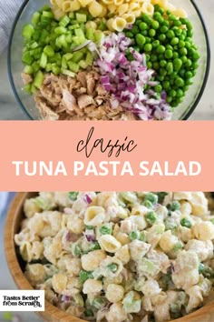 pasta salad with tuna and peas in a wooden bowl