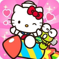 hello kitty is sitting on top of a rocket with her stuffed animal friend in it