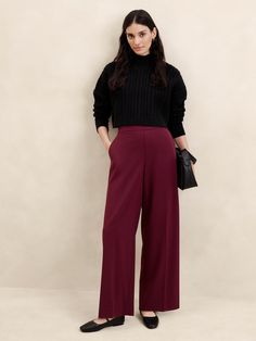 Hayden Wide-Leg Pant | Banana Republic Factory Wide Leg Trousers With Flats, Pull On Wide Leg Pants Outfit, Funky Workwear, Burgundy Pants Outfit Work, Wide Leg Pants Outfit Dressy, Business Casual Dinner Outfit, Pants Outfit Dressy, Wide Leg Pants Outfit Work, Orange Pants Outfit