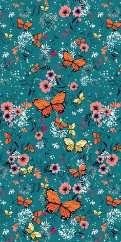 a blue background with orange and pink butterflies on it's sides, all in different colors