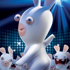 an animated rabbit dancing with other rabbits in front of him on a blue and black background