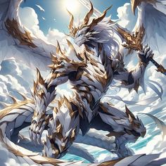 a white and gold dragon is flying through the air with clouds in the back ground