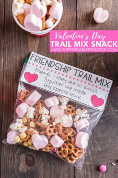 valentine's day treat mix in a bag with marshmallows and pretzels