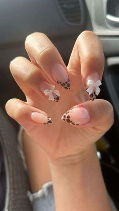 Cute Chic Nails, Simple Oval Nail Ideas, Nail Ideas Pointy Almond, Cute New Years Nails Almond, Nail Inspiration Coquette, Oval Cheetah Nails, Jaguar Nails Design, Gel X Nail Designs With Charms, Nail Inspo Almond Cheetah Print