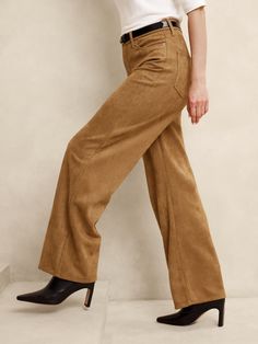 VEGAN SUEDE: Soft and smooth, this faux leather looks and feels luxurious. Full length. Shank button closure with zip fly. Belt loops. Five pocket styling. Made exclusively for Banana Republic Factory. #515291 Leather Looks, Suede Pants, Shank Button, Banana Republic Factory, Faux Suede, Casual Pants, Banana Republic, Full Length, Wide Leg