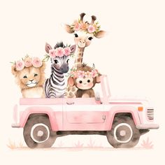 a pink truck with animals in the back and flowers on it's head is full of giraffes