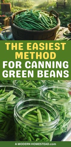 green beans in jars on a table with the title, the easy method for canning green beans