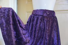 "Vintage purple velvety skirt, Size not labeled - estimated XS - please see measurements. In good vintage condition. Measurements taken across front laid flat 12\" across waist - stretches to 14\" 21\" length" Fitted Purple Bottoms With Belt Loops, Purple Relaxed Fit Skirt, Long Dark Purple Skirt, Purple Velvet Skirt, Bohemian Purple Mini Skirt, Vintage Purple Lined Skirt, Karen Alexander, Waist Stretches, Denim Overalls Shorts