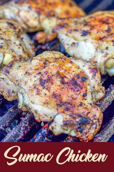 grilled chicken on the grill with text overlay that reads, cumac chicken