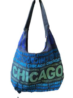 Rubberized "Chicago" spellout on both sides Textured heavy-duty cotton fabric Interior pockets Zip closure Looks unused Blue Large Capacity Bucket Hobo Bag, Green Hobo Bag With Zipper Closure, Rectangular Green Hobo Bag With Zipper Closure, Robin Ruth Bags, Bucket Hobo Bag With Zipper For On-the-go, Hobo Handbags, Satchel Handbags, Heavy Duty, Blue Green