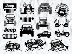 jeeps and cars are depicted on crumpled paper