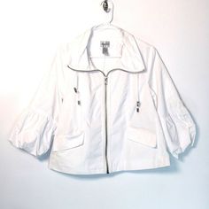 Chicos Womens Size 1 White Utility Jacket with Bubble Sleeves Full Zip Up -  | Buy at Parsimony Shoppes Womens Utility Jacket, Vintage Trucker Hats, Bubble Sleeve, Coffee Date, White Jacket, Utility Jacket, Tops For Leggings, Casual Wardrobe, Sweater Shop