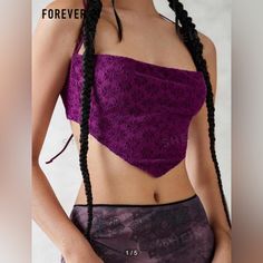 Forever 21 Size: Xs (2) Color: Purple Material: 90% Polyester, 10% Elastic Condition: Never Worn/ With Tags Purple Crop Top For Spring Night Out, Purple Tops For Summer Date Night, Purple Summer Tops For Date Night, Purple Tops For Date Night In Summer, Summer Date Night Purple Tops, Forever 21 Activewear, Black Corset Top, Embroidered Crop Tops, Lace Sleeveless Top