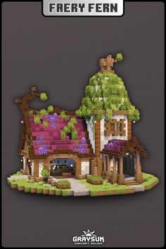 an image of a house made out of legos with trees on the roof and purple flowers