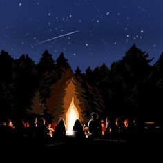 people sitting around a campfire at night with the stars in the sky above them